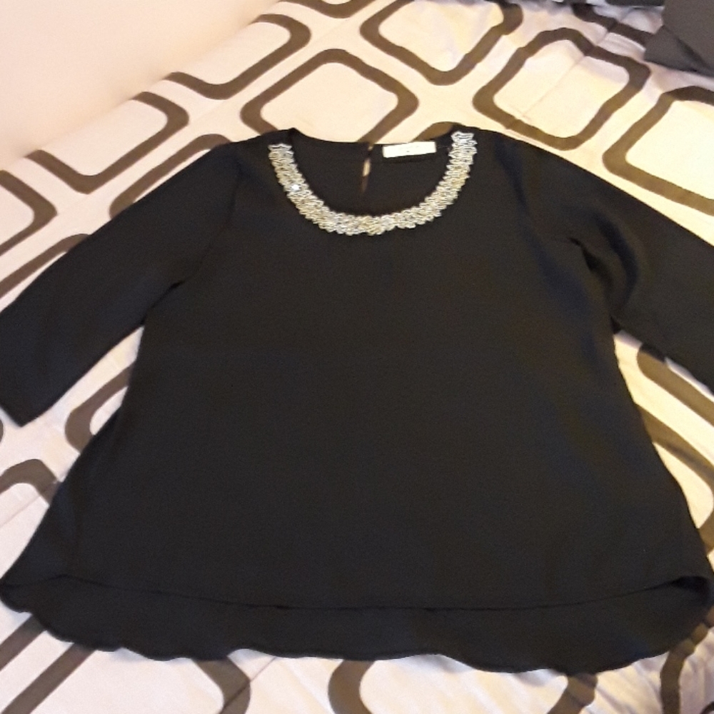 Elodie Womens Black Blouse with Sequins Collar